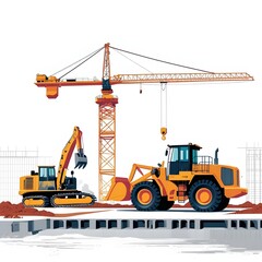 Heavy Machinery on Flat-Style Construction Illustration