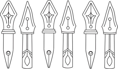 Fountain Pen Nib Vector Set in Clean Black Line Drawing for Writing Education or Design Tool Projects