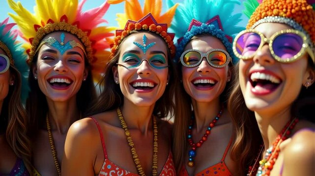 Joyful Women in Colorful Carnival Headresses at a Festive Celebration