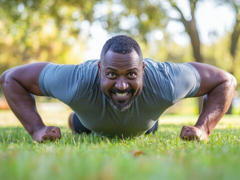 African American man performs pushups outdoors in park, promoting fitness and healthy living.