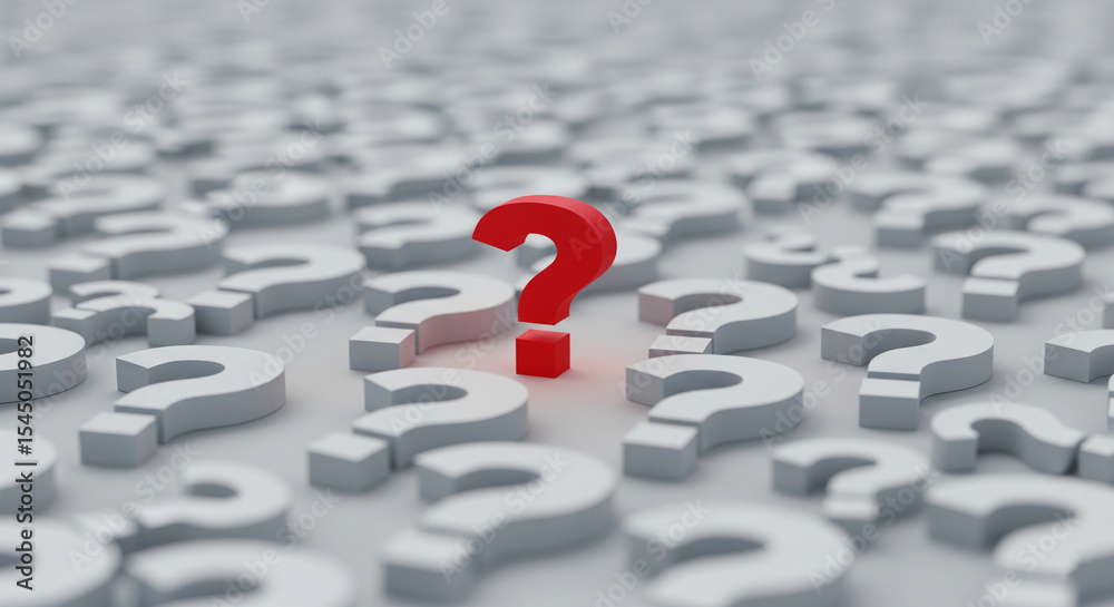 Poster red question mark stands out among many gray ones, symbolizing unique solution, different perspectiv