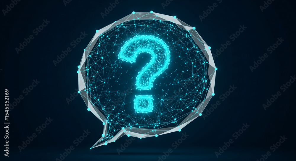 Poster glowing cyan question mark inside polygonal speech bubble, abstract digital design, symbolizes inqui
