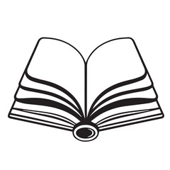A simple black and white vector outline of an open book with visible pages, representing reading, learning, or storytelling.