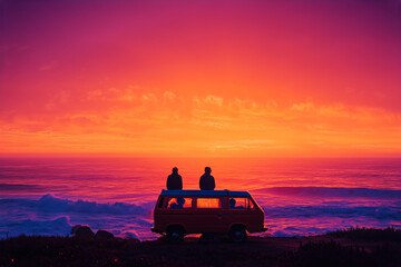 Silhouetted friends sit on roof of van near ocean shore, watching a vivid fiery sunset over calm waves and colorful sky.