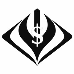 A black and white vector logo features a dollar sign within a stylized, upward-pointing abstract design, suggesting growth or finance.