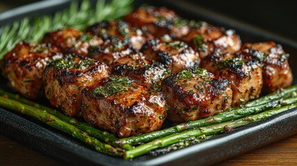 Delicious grilled pork tenderloin medallions with asparagus