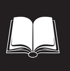 A simple, high-contrast vector icon of an open book with blank pages, rendered in white against a solid black background.