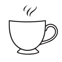 A minimalist black outline icon of a steaming teacup or coffee mug is centered on a white background, suggesting warmth and comfort.