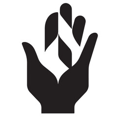 A stylized black silhouette of a hand gently holding abstract, leaf-like shapes within its palm, set against a white background.