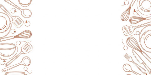 Line art illustration of kitchen utensils and tomatoes bordering a white space, suggesting a culinary theme or recipe template, ideal for food blogs or cooking websites