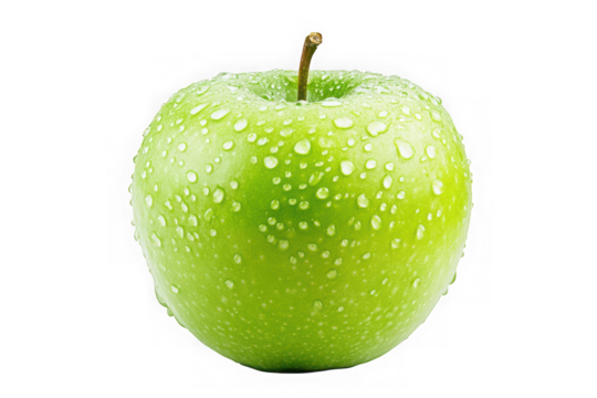 Crisp green apple with water droplets stock photo, fresh fruit, healthy food, granny smith apple, isolated on transparent background