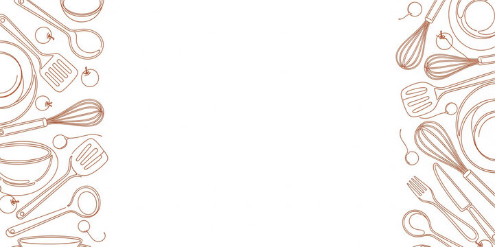 Line art illustration of kitchen utensils and tomatoes bordering a white space, suggesting a culinary theme or recipe template, ideal for food blogs or cooking websites