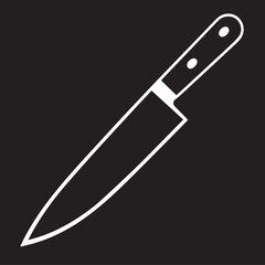A white outline vector drawing of a chef's knife with a sharp blade and riveted handle is set against a solid black background.