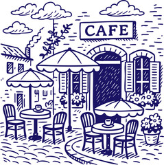 Outdoor café with tables and umbrellas in line art style