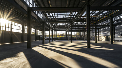 Steel frame structure in progress, beams and supports forming a clean composition, showcasing modern industrial design.