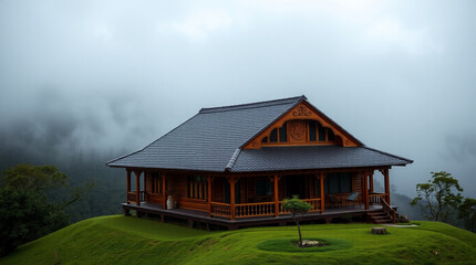 Obraz premium A wooden house with a dark roof sits on a grassy hill surrounded by fog and trees in a misty landscape created with generated ai