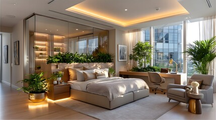 Fototapeta premium Modern bedroom filled with indoor plants high resolution picture