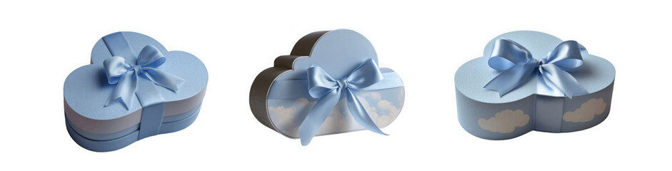 Three views of the cloud-shaped gift box, in a sky blue color scheme with white cloud patterns and bows, made from cardboard material, against a white background. 