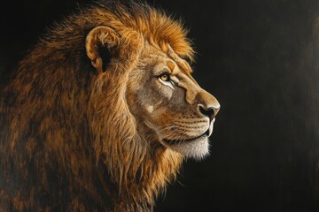 Fototapeta premium Majestic Portrait of a Large Male African Lion Against a Dark Backdrop
