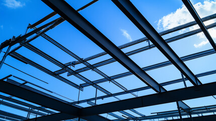 Steel frame structure in progress, beams and supports forming a clean composition, showcasing modern industrial design.