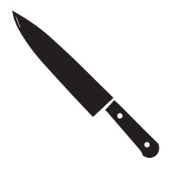 A simple black silhouette of a chef's knife with a sharp blade and a riveted handle is positioned diagonally on a white background.