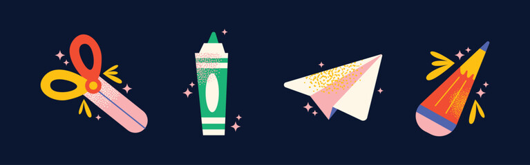 Set back to school supplies tools scissors, pencil, eraser, paper plane, magnifying glass, math notebook, basketball, apple. Flat vector illustration. Education and learning concept