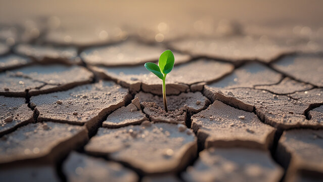 Green Plant Growing from Cracked Earth &ndash; Symbol of Hope and Resilience