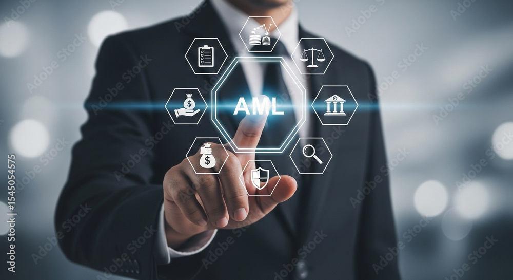 Aufkleber A man in a suit points at aml anti money laundering icons in a digital interface display screen