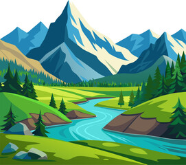 Fototapeta premium Alpine meadows and beautiful mountains, forests and river, vector illustration. Landscape of green fields, amazing mountains on a clear day with gentle clouds in the blue sky.