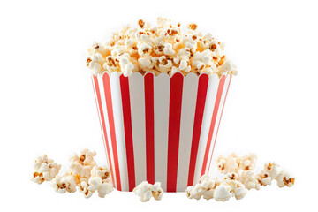Delicious popcorn in striped container for movie night snack, cinema treat, party food, isolated on transparent background