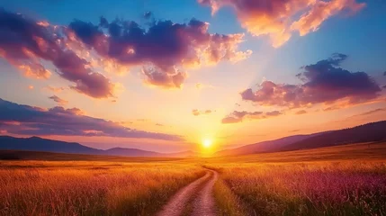 Gordijnen A vibrant sunset over a rural landscape with a winding dirt path through golden fields and distant mountains under a colorful sky. © 1389
