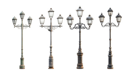 Antique Streetlight Collection Vintage Lamp Post Designs for Urban Projects On Transparent Background