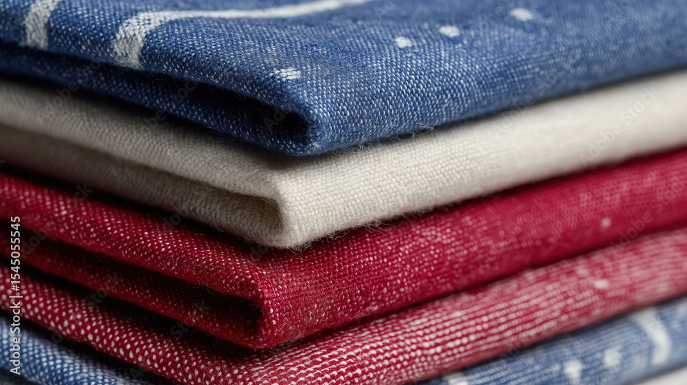 Poster neatly arranged set of soft organic cotton fabric in blue, white, and red hues, showcasing textured 