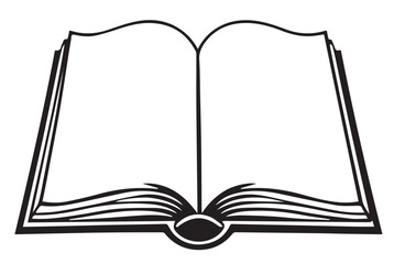 A black outline vector illustration of an open book with visible pages, ready for text, symbolizing knowledge, education, or storytelling.