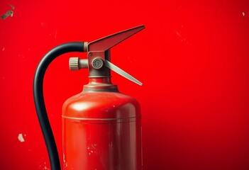 Vintage fire extinguisher, bold red background, distressed texture,  safety equipment,  rusty
