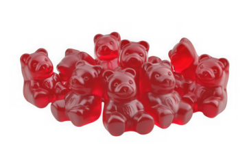 Pile of delicious red gummy bears candy confectionery sweet treat chewy snack isolated on transparent background