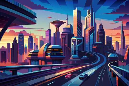 Futuristic mega-city skyline at dawn, with layered highways and sleek hovering cars