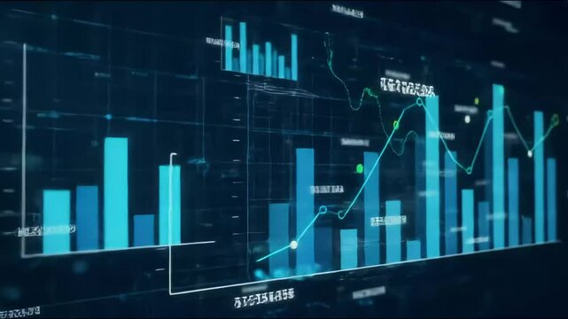 A detailed view of blue bar graphs and line graphs displayed on a digital dark blue screen