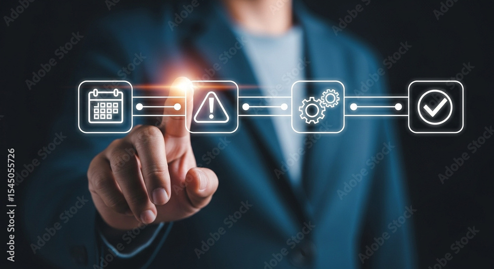 Aufkleber A person in a blue blazer interacting with a digital workflow process interface with icons displayed