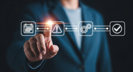 A person in a blue blazer interacting with a digital workflow process interface with icons displayed