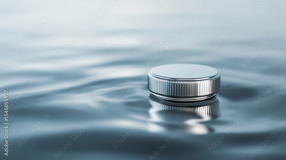 Poster sleek silver bottle cap rests delicately on calm water surface, creating gentle ripples. serene scen