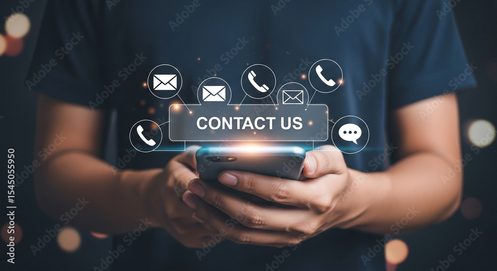 Poster person holding smartphone with contact us button and communication icons floating above it shown