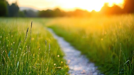 A sunlit pathway winds through a lush green field with dew-kissed grass, creating a serene and peaceful natural scene at golden hour.