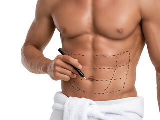 Man torso with cosmetic surgery markings isolated on transparent or white background, png