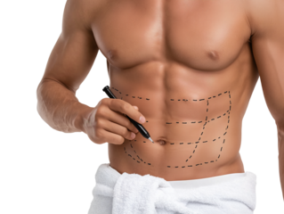 Man torso with cosmetic surgery markings isolated on transparent or white background, png