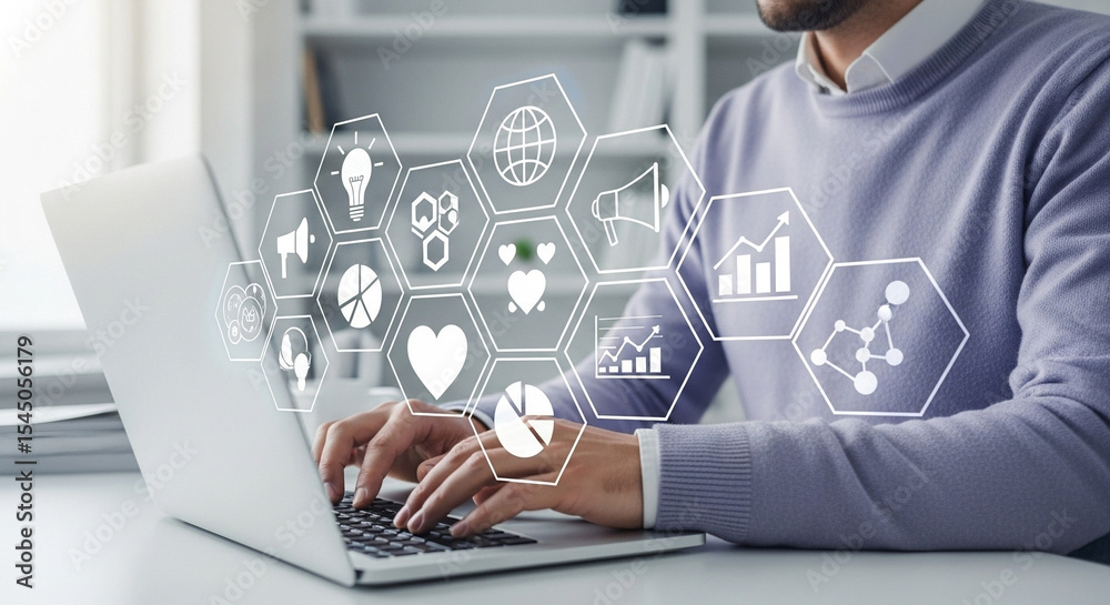 Poster man typing on laptop with digital marketing icons overlayed in a bright office setting clearly visib