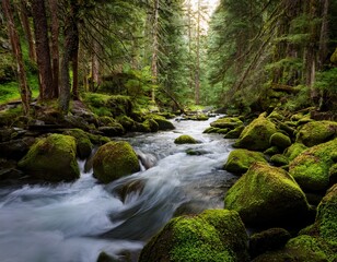 Obraz premium photograph of a rushing river cutting through a dense mossy forest with rocky banks