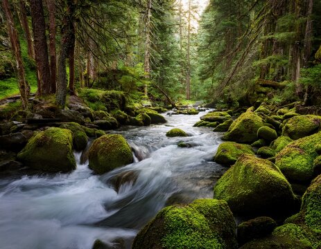 photograph of a rushing river cutting through a dense mossy forest with rocky banks - Powered by Adobe