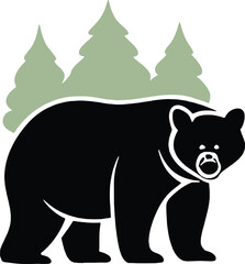 Minimalist vector of a bear standing in profile with trees behind. Ideal for adventure branding, hiking graphics, and wildlife-inspired logo designs.