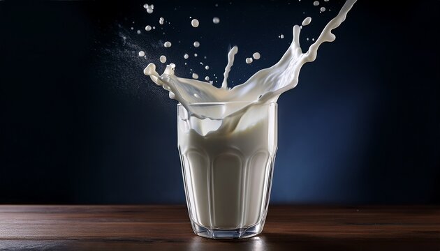 wide background photo of milk splash in a glass with dark background